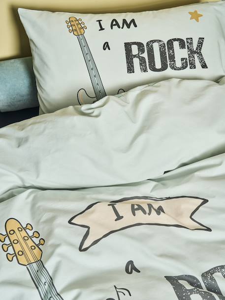 Parure housse de couette + taie d'oreiller enfant ROCK MUSIC, avec coton recyclé vert sauge 2 - vertbaudet enfant 