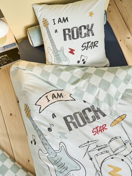 Parure housse de couette + taie d'oreiller enfant ROCK MUSIC, avec coton recyclé vert sauge 1 - vertbaudet enfant 