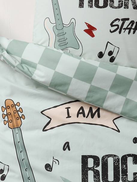 Parure housse de couette + taie d'oreiller enfant ROCK MUSIC, avec coton recyclé vert sauge 10 - vertbaudet enfant 