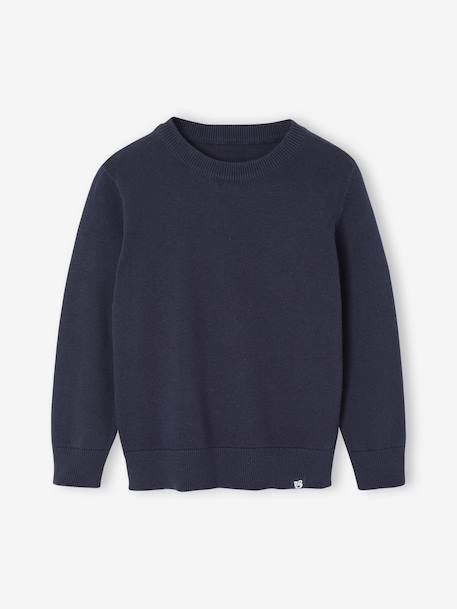 Pull Basics col rond manches longues garçon marine+rayé bleu 1 - vertbaudet enfant 
