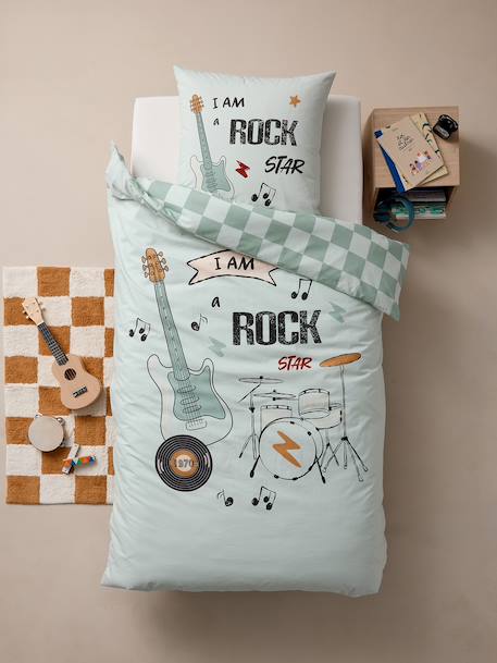 Parure housse de couette + taie d'oreiller enfant ROCK MUSIC, avec coton recyclé vert sauge 3 - vertbaudet enfant 