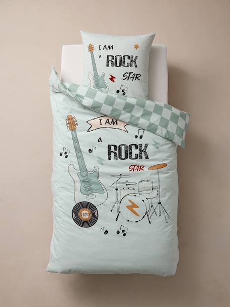 Parure housse de couette + taie d'oreiller enfant ROCK MUSIC, avec coton recyclé vert sauge 4 - vertbaudet enfant 