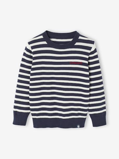 Pull Basics col rond manches longues garçon marine+rayé bleu 7 - vertbaudet enfant 