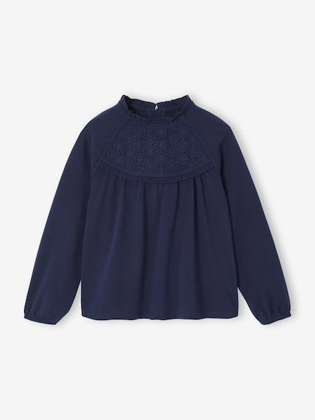 Tee-shirt blouse fille détail broderie anglaise manches longues bleu pâle+écru+marine+mauve+vert foncé 9 - vertbaudet enfant 