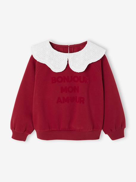 Sweat fille col claudine broderie anglaise écru+gris chiné+mauve+rose pâle+rouge 16 - vertbaudet enfant 