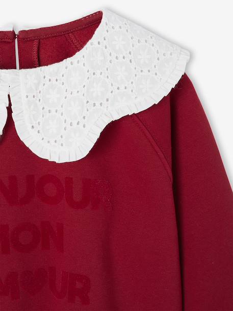 Sweat fille col claudine broderie anglaise écru+gris chiné+mauve+rose pâle+rouge 18 - vertbaudet enfant 