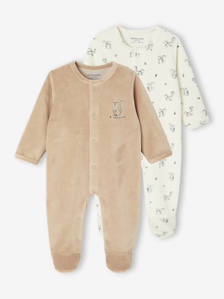 Lot de 2 pyjamas bébé naissance en velours beige+rose+vert d'eau 1 - vertbaudet enfant 