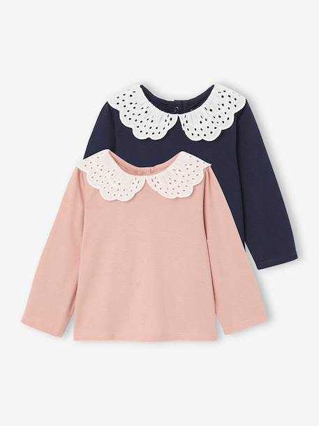 Lot 2 tee-shirts bébé col en broderie anglaise rose poudré 1 - vertbaudet enfant 