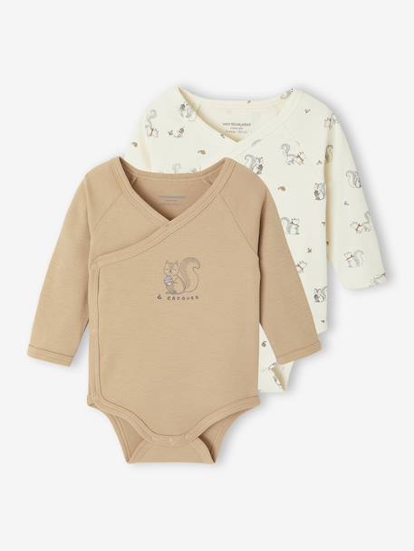 Lot de 2 bodies bébé ouverture naissance manches longues beige+rose+vert d'eau 1 - vertbaudet enfant 