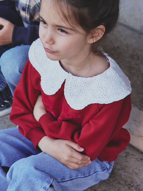 Sweat fille col claudine broderie anglaise écru+gris chiné+mauve+rose pâle+rouge 15 - vertbaudet enfant 