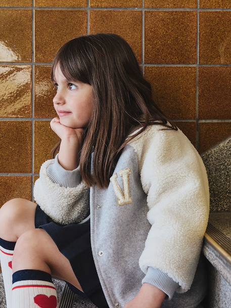 Veste fille bombers bi-matière drap de laine manches sherpa gris chiné 2 - vertbaudet enfant 