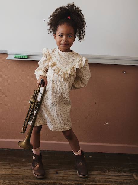 Robe fille gaze de coton imprimée fleurs écru 2 - vertbaudet enfant 