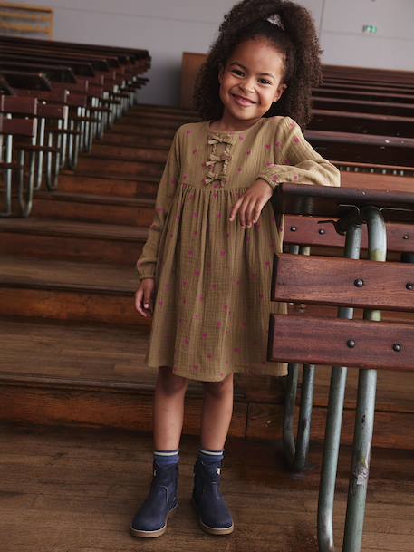 Robe en gaze de coton avec noeuds fantaisie fille écru+olive 4 - vertbaudet enfant 