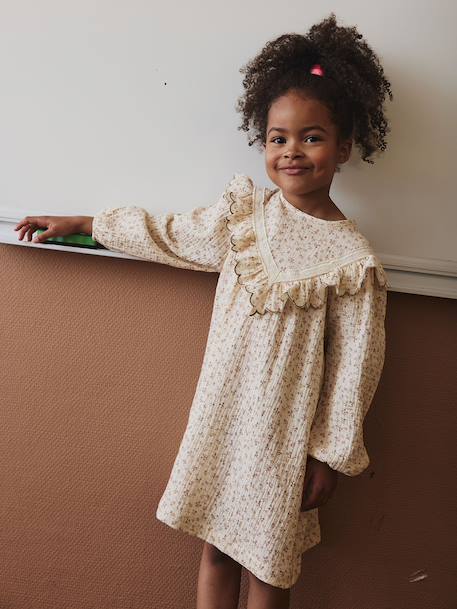 Robe fille gaze de coton imprimée fleurs écru 7 - vertbaudet enfant 