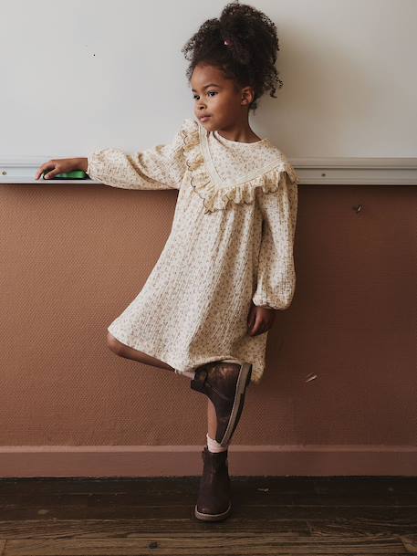 Robe fille gaze de coton imprimée fleurs écru 1 - vertbaudet enfant 