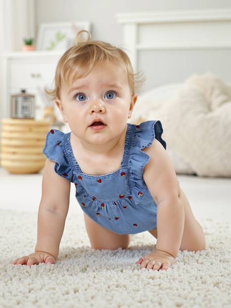 Combishort bébé en denim léger double stone 1 - vertbaudet enfant 