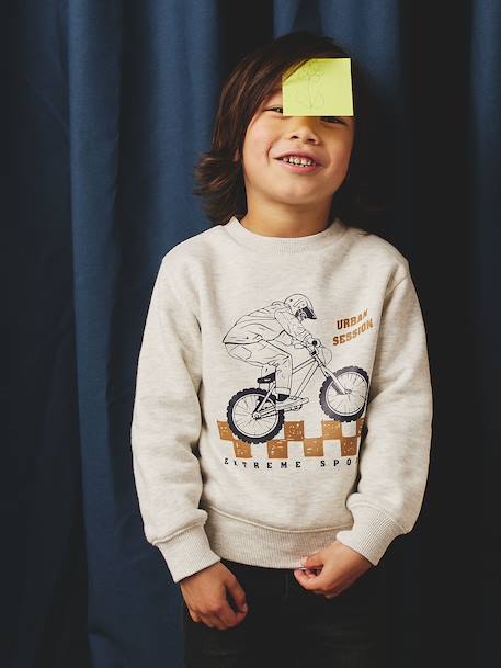 Sweat garçon col rond motif placé blanc chiné+bleu nuit+kaki 1 - vertbaudet enfant 