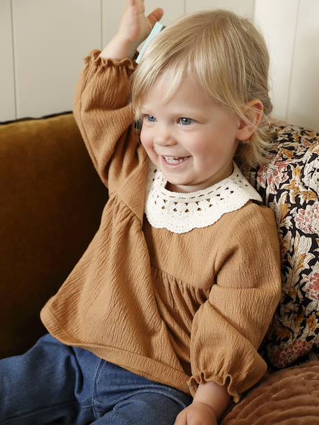 T-shirt bébé en jersey froissé avec col en crochet caramel 1 - vertbaudet enfant 