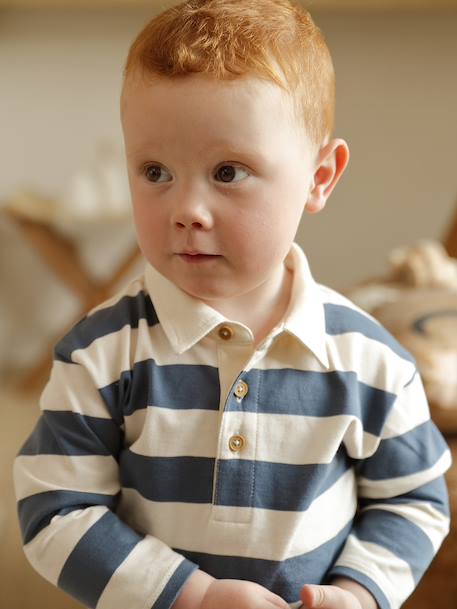 T-shirt polo bébé rayé manches longues bleu grisé 1 - vertbaudet enfant 