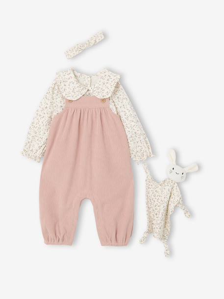 Coffret bébé T-shirt + salopette + bandeau + doudou rose poudré 1 - vertbaudet enfant 