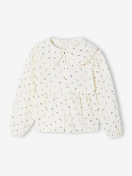 Chemise fille gaze de coton col brodé écru+vert émeraude 3 - vertbaudet enfant 