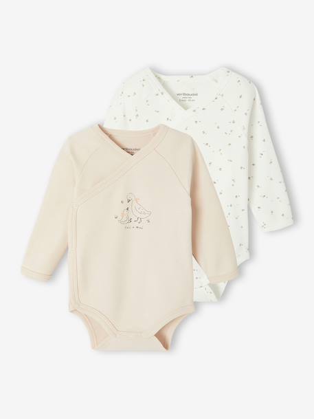 Lot de 2 bodies bébé ouverture naissance manches longues beige+rose+vert d'eau 8 - vertbaudet enfant 