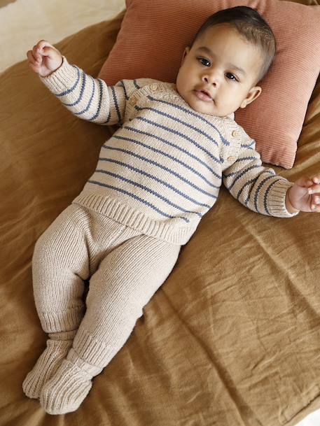 Ensemble 3 pièces naissance en tricot pull + pantalon + chaussettes beige chiné 1 - vertbaudet enfant 