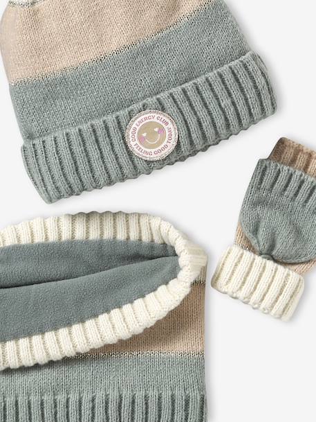 Ensemble bonnet snood moufles/mitaines colorblock fille rayé rose+vert d'eau 14 - vertbaudet enfant 