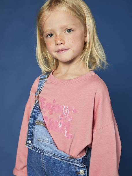 Tee-shirt fille cropped message sequins manches longues rose 1 - vertbaudet enfant 