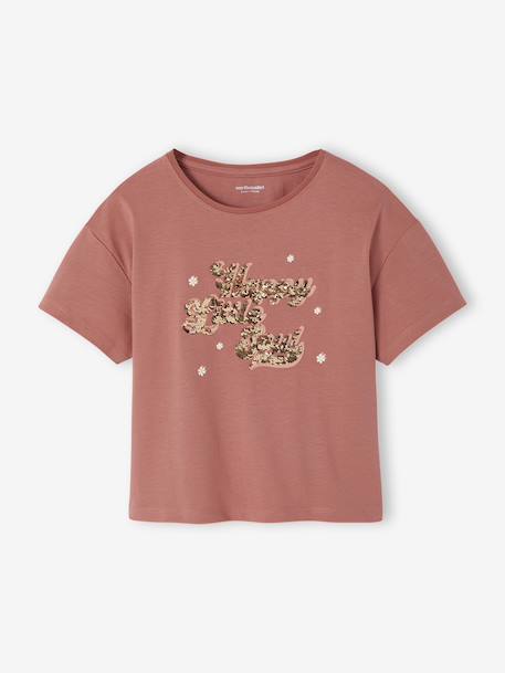 T-shirt animation en sequins réversibles fille manches courtes bois de rose+écru 1 - vertbaudet enfant 