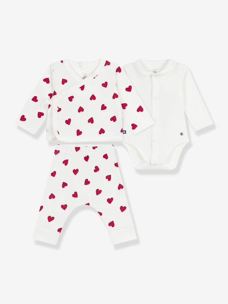 Ensemble 3 pièces imprimé coeurs bébé cardigan cache-coeur, pantalon et body blanc 1 - vertbaudet enfant 