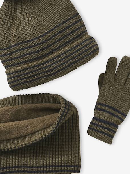 Ensemble rayé garçon bonnet + snood + moufles/gants bleu chambray+kaki 15 - vertbaudet enfant 