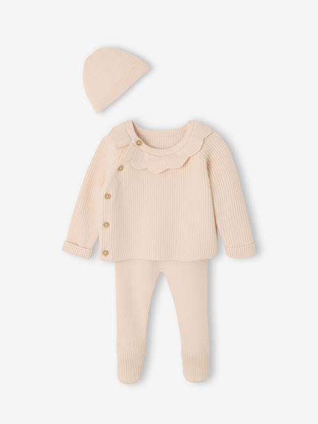 Ensemble naissance 3 pièces en tricot gilet + pantalon + bonnet gris chiné+rose 7 - vertbaudet enfant 