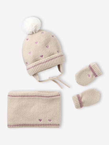 Ensemble bébé bonnet, snood et moufles coeurs beige doré 1 - vertbaudet enfant 