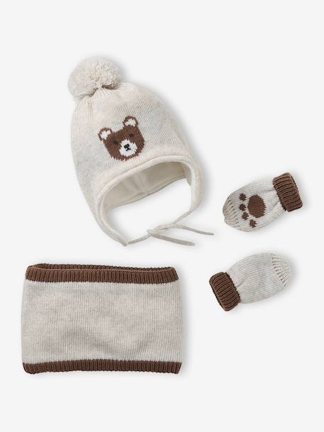 Ensemble Bonnet Péruvien Jacquard Ours Snood et Moufles beige chiné 1 - vertbaudet enfant 