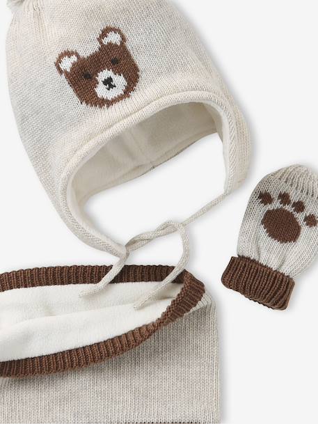 Ensemble Bonnet Péruvien Jacquard Ours Snood et Moufles beige chiné 5 - vertbaudet enfant 