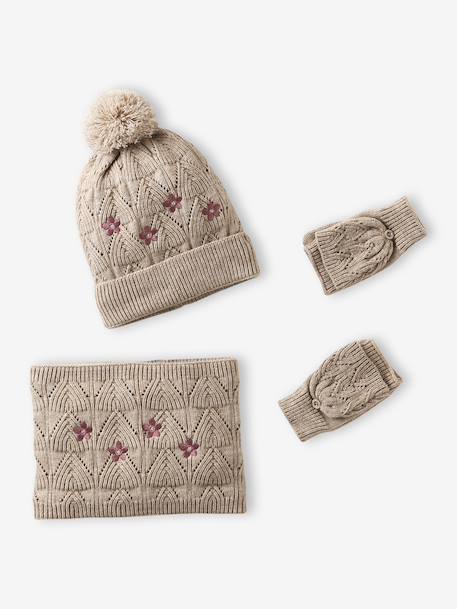 Ensemble brodé fille bonnet + snood + moufles/mitaines en maille ajourée beige doré 2 - vertbaudet enfant 