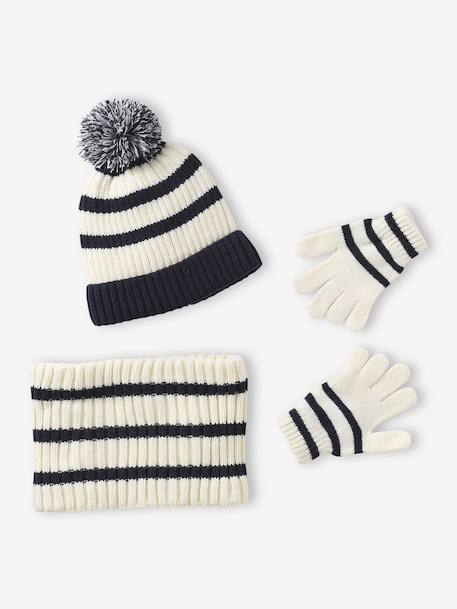 Ensemble rayé garçon bonnet + snood + moufles/gants écru 4 - vertbaudet enfant 