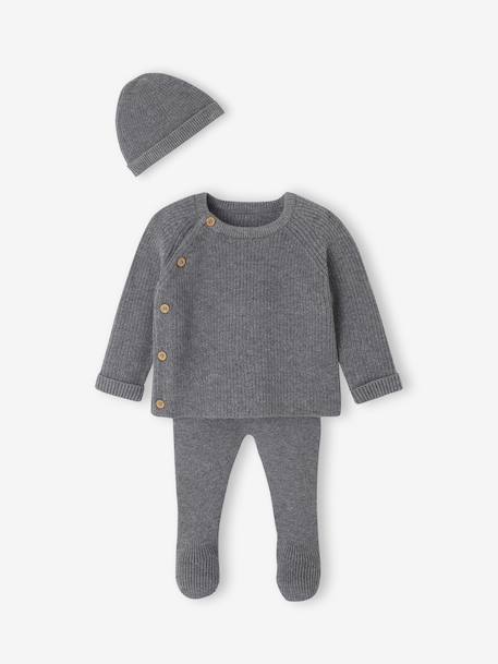 Ensemble naissance 3 pièces en tricot gilet + pantalon + bonnet gris chiné+rose 1 - vertbaudet enfant 