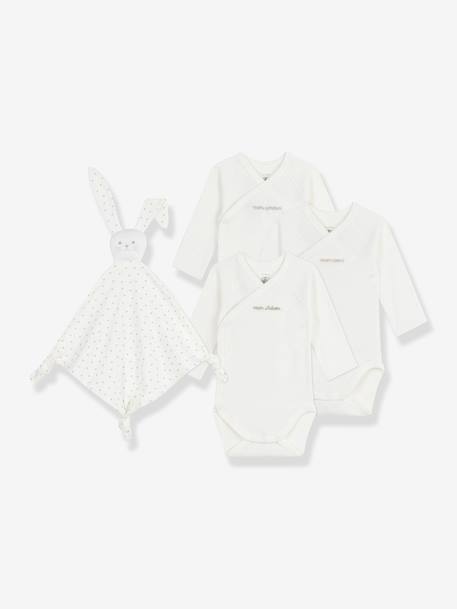 Coffret naissance 3 bodies en coton brodé et doudou lapin écru 1 - vertbaudet enfant 