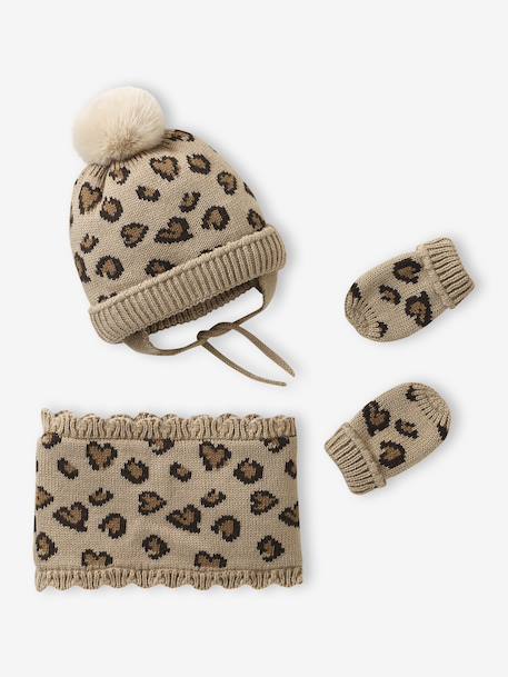 Ensemble léopard coeurs bonnet, snood et moufles bébé taupe 1 - vertbaudet enfant 