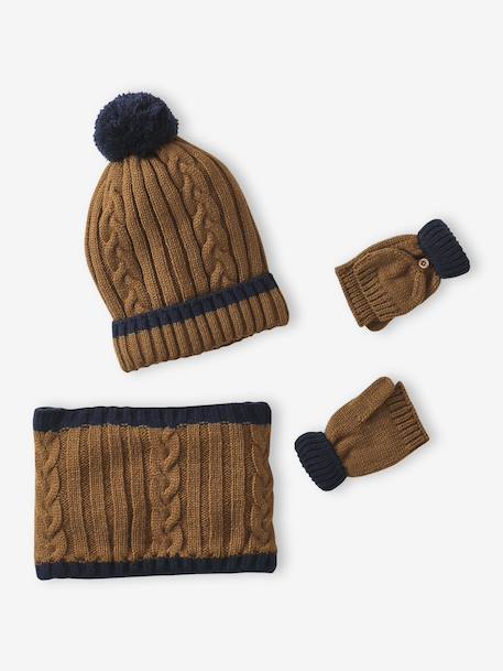 Ensemble torsadé garçon bonnet + snood + moufles/gants ocre 2 - vertbaudet enfant 