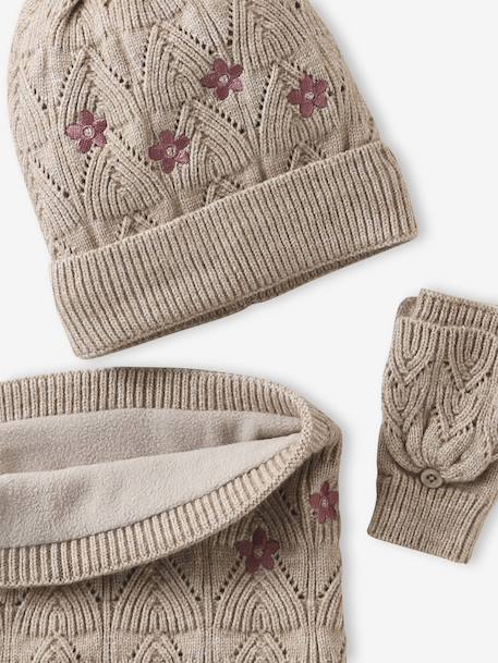 Ensemble brodé fille bonnet + snood + moufles/mitaines en maille ajourée beige doré 7 - vertbaudet enfant 