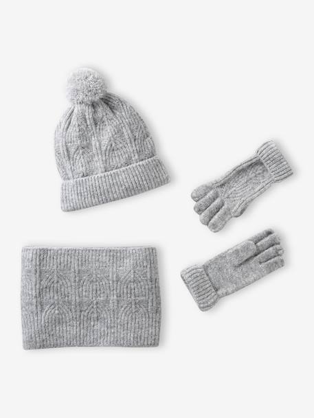 Ensemble fille bonnet, snood, gants en maille fantaisie gris chiné+ROSE 3 - vertbaudet enfant 