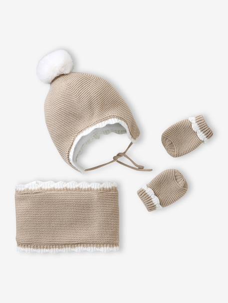 Ensemble festonné bonnet, snood et moufles bébé beige chiné 1 - vertbaudet enfant 