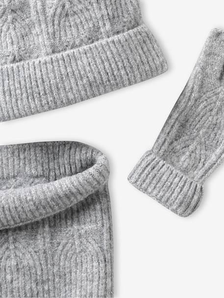 Ensemble fille bonnet, snood, gants en maille fantaisie gris chiné+ROSE 8 - vertbaudet enfant 