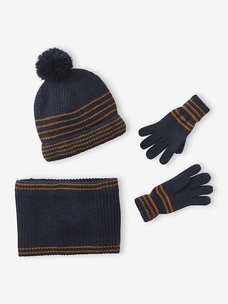 Ensemble rayé garçon bonnet + snood + moufles/gants bleu chambray+kaki 1 - vertbaudet enfant 