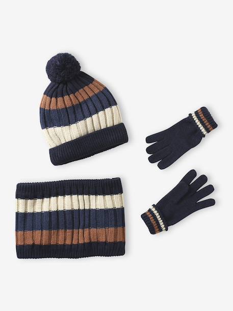 Ensemble tricolore garçon bonnet + snood + moufles/gants bleu nuit 2 - vertbaudet enfant 