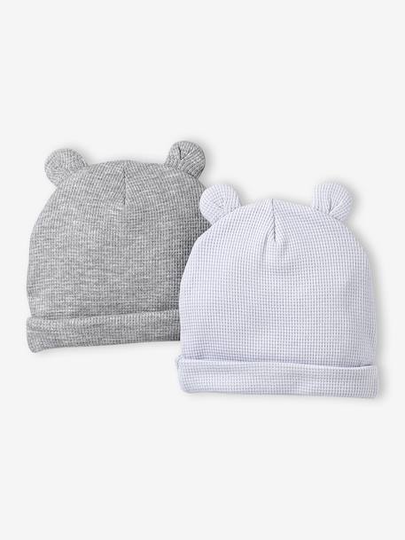 Lot de 2 bonnets naissance à oreilles d'ours bleu pâle + gris chiné+écru + beige 1 - vertbaudet enfant 