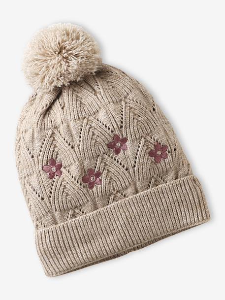 Ensemble brodé fille bonnet + snood + moufles/mitaines en maille ajourée beige doré 3 - vertbaudet enfant 